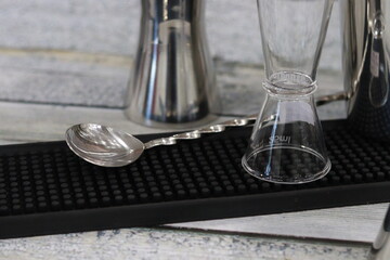 Stylish and trendy bar accessories. Jag, muddler, squeezer, shaker, strainer, jigger - accessories...