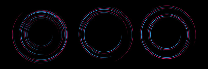 Gradient neon circle frame set. Line light. Glowing border isolated on dark background. Colorful night banner, vector light effect. Bright luminous form.