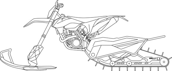 Motocross Snowmobile, Motocross Snowbiking Snowbike, snow scooter snowmachine winter sport vehicle. sketch drawing, contour lines drawn