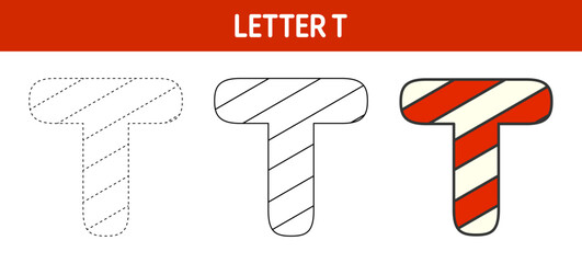 Letter T Candy Cane, tracing and coloring worksheet for kids