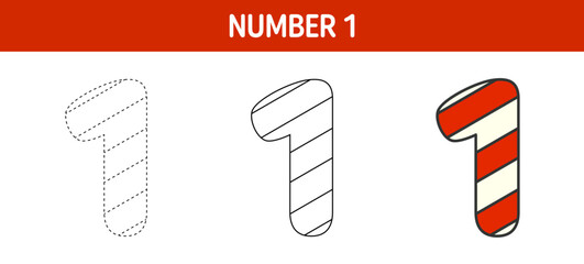 Number 1 Candy Cane, tracing and coloring worksheet for kids