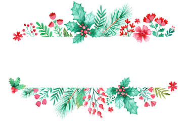 Christmas Foliage with Holly, Pine Needles and Berries and Red Florals Framing a Text Border