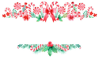 Peppermint Candy Canes, Bows and Christmas Holly and Pine Needles Framing Text Box