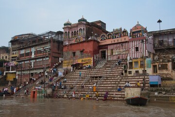 Ghat on the bank of the Gangers. Varanasi, Uttar Pradesh. India.