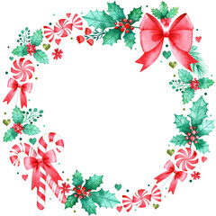 Fototapeta na wymiar Christmas Wreath with Holly, Peppermint Candy Canes, Bows, Pine, Flowers and Berries in Watercolor