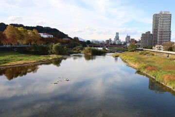 Fototapeta na wymiar November 2022, Sendai City, Miyagi Prefecture.Scenery of Hirose riverbed.