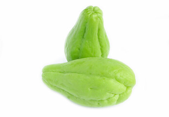 Fresh Chayote fruits or Sechium edulis on white background. top view.
