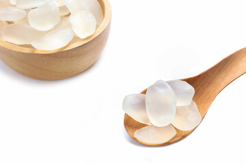 Candy palm seed, Close up of palm seed, palm fruit seeds or Arenga pinnata in wooden spoon and bowl...