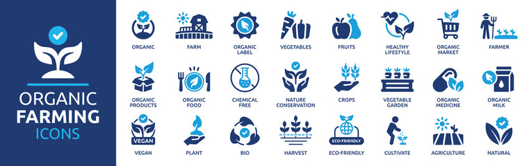 Organic farming icon set. Organic farm product, vegan and bio symbol. Natural farming icon collection. - obrazy, fototapety, plakaty