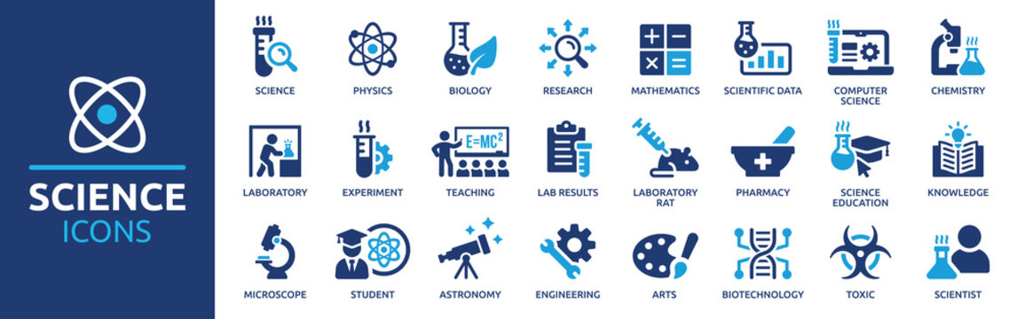 Science icon set. Containing biology, laboratory, experiment, scientist, research, physics, chemistry and more icons. Science education symbol. Vector illustration.