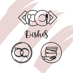 Set of vector logos with utensils. Craft ceramic dishes. Plates, cups, mugs, spoons, forks, knives. Emblems for shop, restaurant, cafe. Food and drinks.