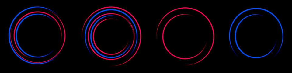 Gradient neon circle frame set. Line light. Glowing border isolated on dark background. Colorful night banner, vector light effect. Bright luminous form.