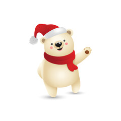 Happy polar bear with red cap and red scarf with isolated background