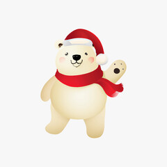 Happy polar bear with red cap and red scarf with isolated background