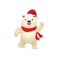 Happy polar bear with red cap and red scarf with isolated background