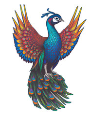 Colorful Cartoon Peacock in Flight Isolated | Created using Midjourney and Photoshop