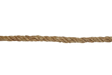 Close up of Brown natural fiber rope on white background with clipping path. Long thick coarse rope insulated on a white background.