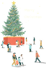 街の大きなクリスマスツリーと家族やカップルなどの人々_Christmas tree and many people