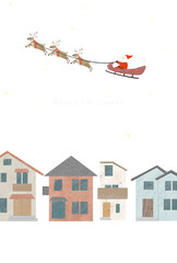 夜の町と家にサンタクロースとトナカイがプレゼントを届けに行くクリスマスのイラスト_santa claus on a sleigh and reindeer