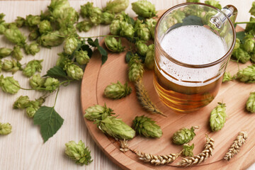 Mug with beer, fresh hops and ears of wheat on light wooden table