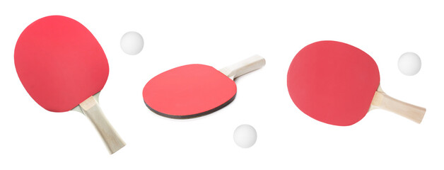 Set with ping pong rackets and balls on white background. Banner design - obrazy, fototapety, plakaty