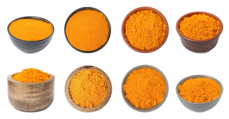 Set with saffron powder on white background