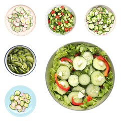 Set of delicious salad with cucumbers and different ingredients on white background
