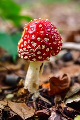 Red mushroom with white dots. Toadstool in a forest scenery. Photo in shallow depth of field.