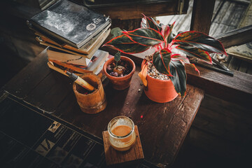 dirty coffee on the old wooden table