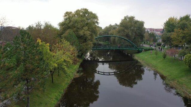 Aerial view of porsuk river in Eskisehir,TURKEY.4K UHD aerial video.