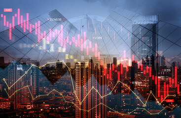 The digital indicators and declining graphs of a stock market crash overlap the backdrop of a modernistic city. Concept of a market crash in double exposure.