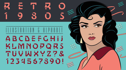 A 1980s style illustration of a fashionable woman, paired with an accompanying alphabet in an eighties vibe.