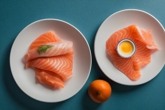 Thinly sliced smoked salmon on white plates food illustration