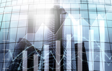 Financial graphs and digital indicators overlap with modernistic urban area, skyscrabber for stock market business concept. Double exposure.
