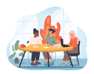 Burnout at work. Woman on fire sits at her workplace and communicates with colleagues. Pressure, panic and stress. Psychology and mental health. Poster or banner. Cartoon flat vector illustration