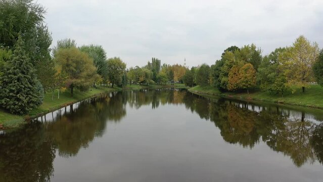 Aerial view of porsuk river in Eskisehir,TURKEY.4K UHD aerial video.