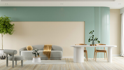 Fototapeta na wymiar Living room interior with gray sofa and gray armchair in boho decoration,dining room.