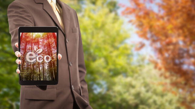 Businessman showing picture of trees and ECO icon in his tablet on nature background. Net zero greenhouse gas emissions target. Climate neutral long term strategy. Net zero and carbon neutral concept.