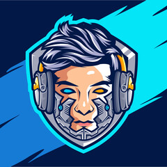 Gamer cyborg 7 mascot full color esport logo design