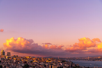 Istanbul city of sunset citycape is beautiful scenery of summer with lifestyle travel, tourism and vacation in Istanbul town buildings .Turkey.