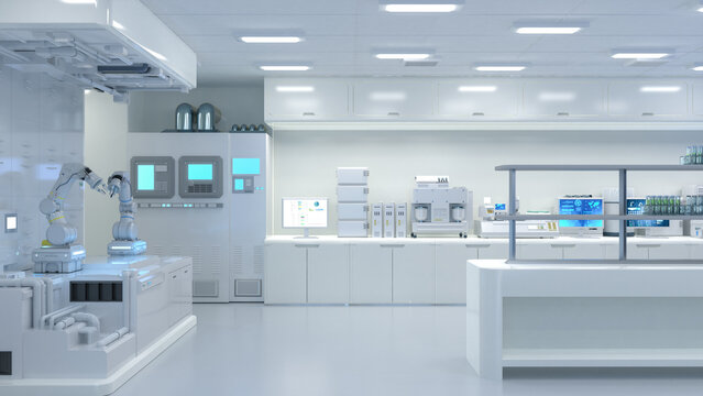 White futuristic laboratory interior in semiconductor manufacturing factory
