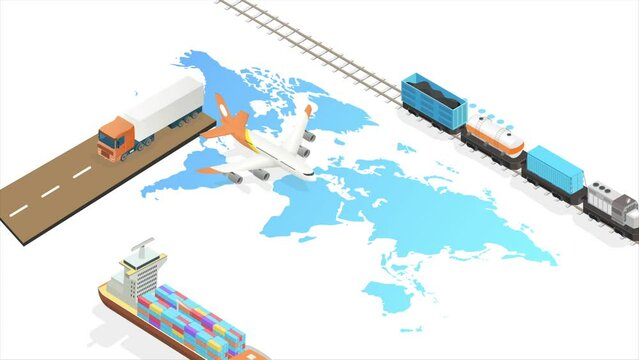 Global logistics video concept. Banner with various moving vehicles for cargo delivery and shipping. Export and import goods around world by plane, truck and ship. Isometric graphic animated cartoon