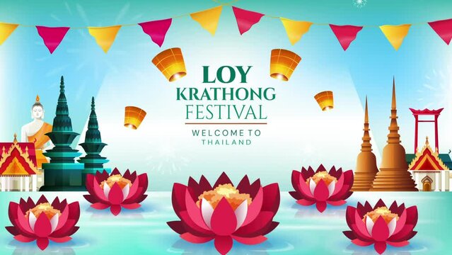 Loy krathong festival video concept. Welcome to Thailand. Travel and tourism. Moving greeting card with lotus flowers in water for traditional Thai holiday. Realistic graphic animated cartoon