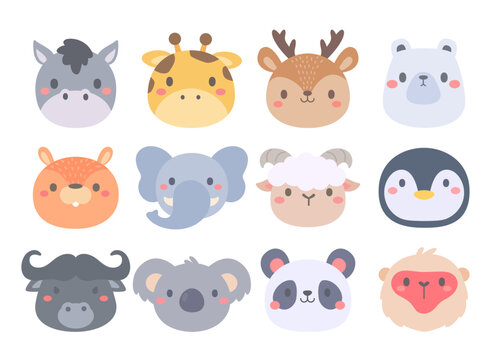 cute animal cartoon face in the zoo Children's card decoration elements