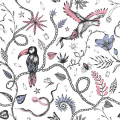 Beautiful trendy seamless pattern with hand drawn chimera animals birds insects and fantasy plants. Stock fashionable textile illustration.