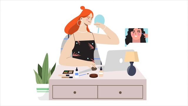 Online education video concept. Young moving woman watching or listening to remote course or video tutorial on makeup. Female character applies cosmetics for beauty. Flat graphic animated cartoon