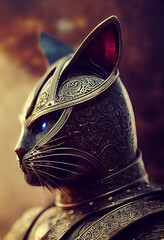 Portrait of Cat Knight in Intricate Helmet and Chest Armor