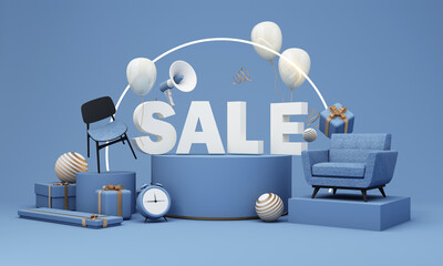 Flash sale banner template Special offer discount concept Sale of home decorations and furniture During promotions. surrounded by sofas chairs and advertising spaces. pastel background. 3d render