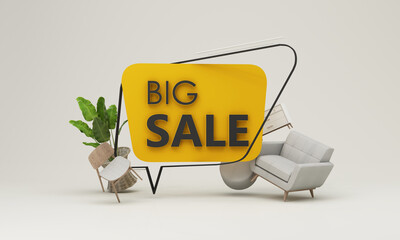 Flash sale banner template Special offer discount concept Sale of home decorations and furniture During promotions. surrounded by sofas chairs and advertising spaces. pastel background. 3d render
