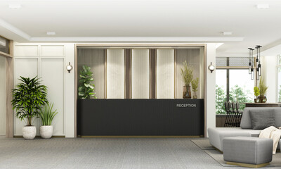 Interior of modern office of hotel reception and waiting room and gray furniture with white and wooden walls, concrete floor and reception desk. with wood decoration and plant pot. 3d rendering - 543775539